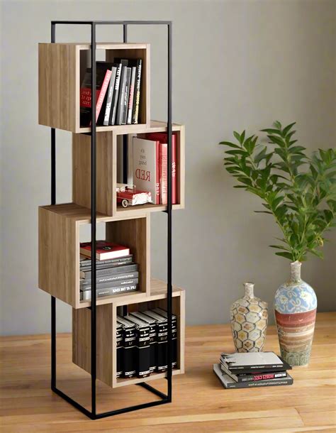 Modern Cube Bookshelf with Metal Frame – Space-Saving Wooden Storage f ...