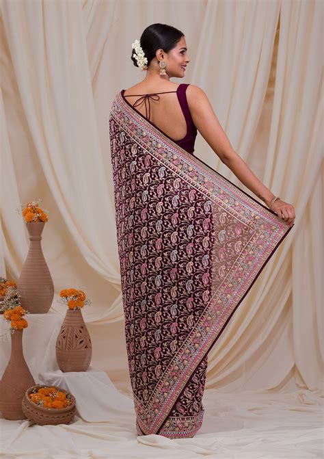 Buy Maroon Threadwork Georgette Saree - Koskii