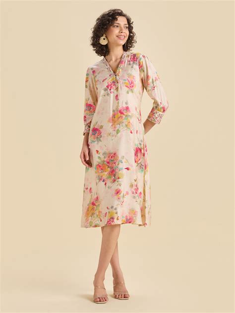 Multi Coloured Modal Chanderi Printed Kurti With Sequins Embroidery
