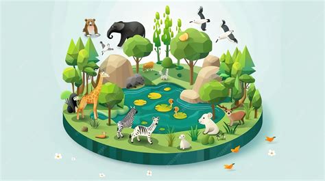 Isometric illustration of a diverse ecosystem with animals and plants ...