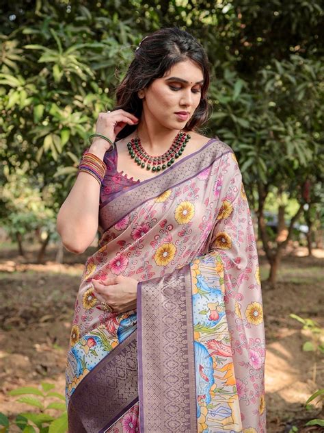 Pastel Beige Tussar Silk Saree with Vibrant Floral Motifs and Zari Bor ...