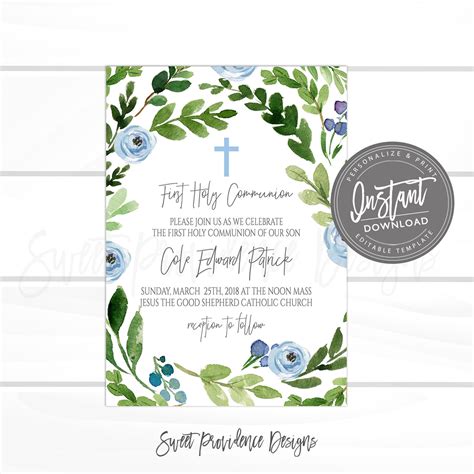First Communion Invitation, EDITABLE 1st Holy Communion Party Invitation, PRINTABLE Boy First ...