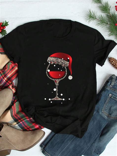 SHEIN EZwear Plus Size Christmas Red Wine Glass Pattern Ladies Summer ...