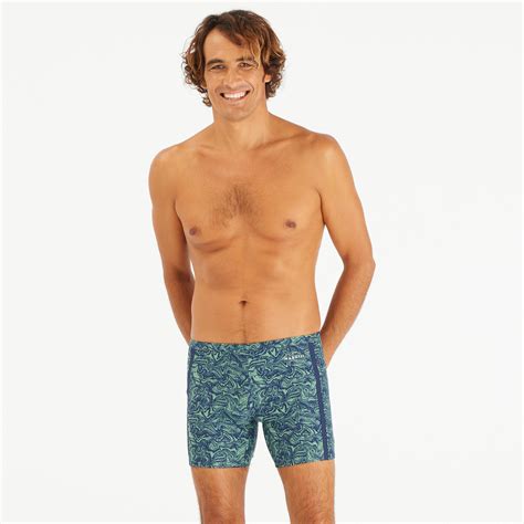 Men’s long swimming trunks - 100 Yoko wave khaki blue - Decathlon