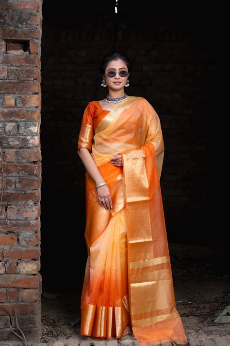 Gentle Orange Yellow Banarasi Woven Soft Organza Skirt Border Saree ...
