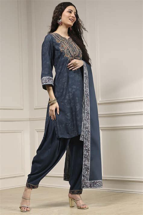 Buy Teal Blue Printed Straight Suit Set Online at Biba India