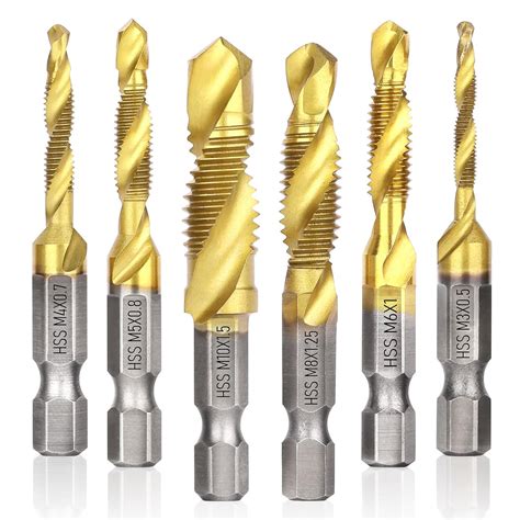 Drill Tap Set, Valkynos 6 Packs Titanium Plated Combination Taps Drill ...