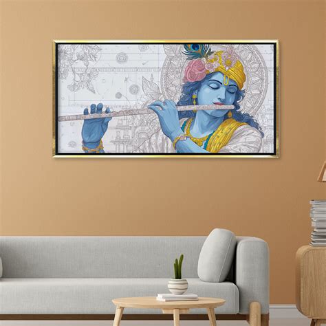 Lord Krishna Flute Player Canvas Art | Detailed Line Art Blue Bansuri ...