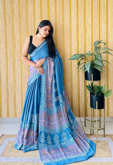Floral Fantasy light blue block print saree – Shree Bandhani Sutra