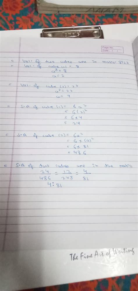 Volume of two cubes are in the ratio 8 : 27. Ratio of their surface ...