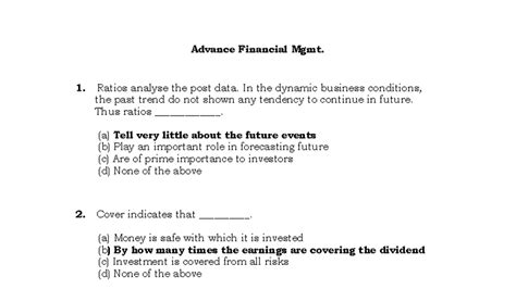 Advance Financial Mgmt. Quiz: Ratio Analysis & Financial Statements ...