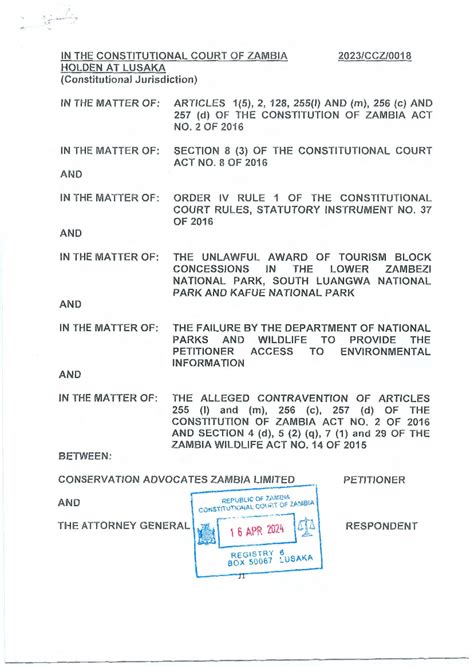 Conservation Advocates Zambia Ltd v Attorney General: CCZ Case 2023/0018 Analysis - Studocu