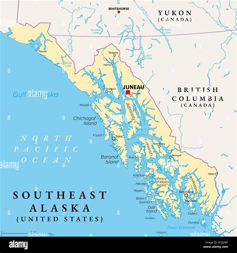 Southeast Alaska, also called Alaskan panhandle, political map. Region and southeastern portion ...