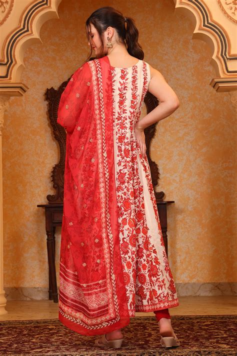 Buy Red Floral Printed Dori Embroidered Anarkali Cotton Kurta, Tight ...