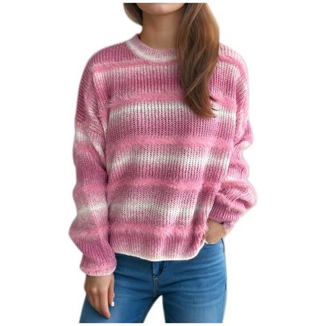 Fjofpr Cyber & Monday Deals Pink Striped Sweater Women Women's Loose ...