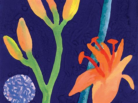 Nerys Johnson, Orange Day Lilies with Echiops on Deep Blue, guache 2000 ...