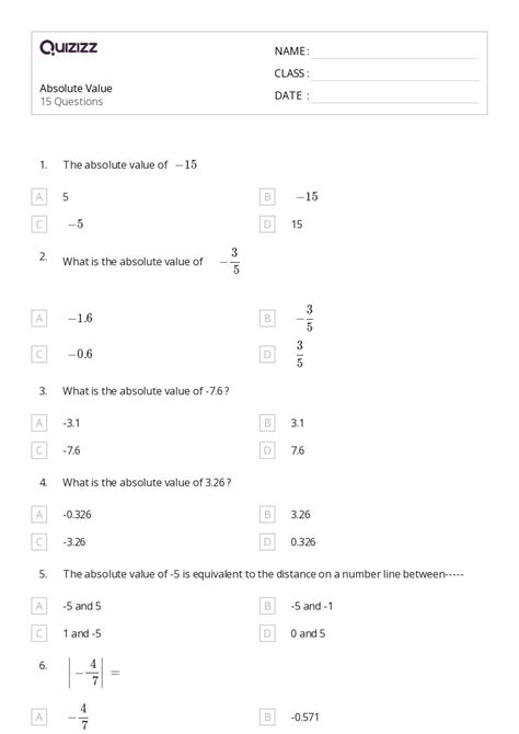 50+ Absolute Value worksheets for 7th Class on Quizizz | Free & Printable