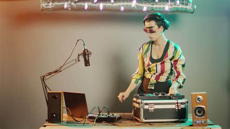 Disc jockey gives thumbs down on stage after mixing stereo sounds at ...