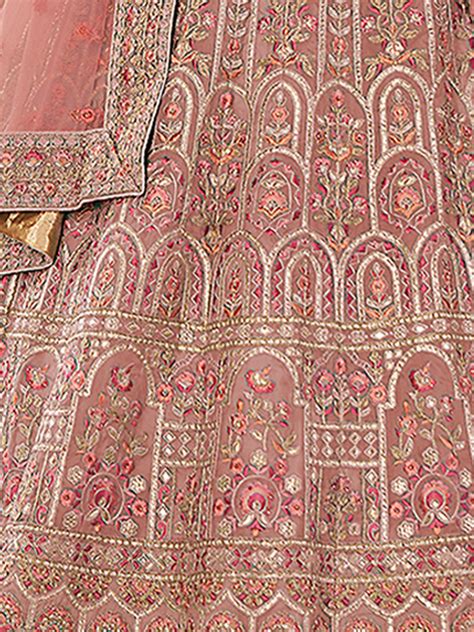 Peach Embroidered Organza Semi Stitched Lehenga With Unstitc
