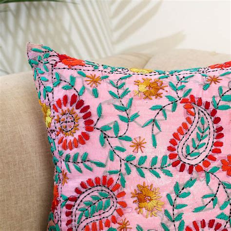 Pink Hand Embroidery Cushion Cover in Chanderi Silk – iTokri आई.टोकरी