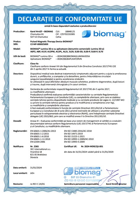 Certificates of Biomag PEMF Therapy Machines: ISO, MDR,