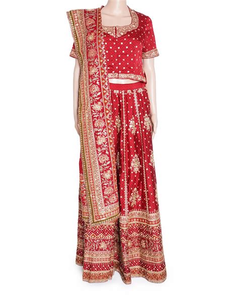 Ritu Kumar Red Silk Bridal Lehenga with Gold Floral Embroidery - My Almari