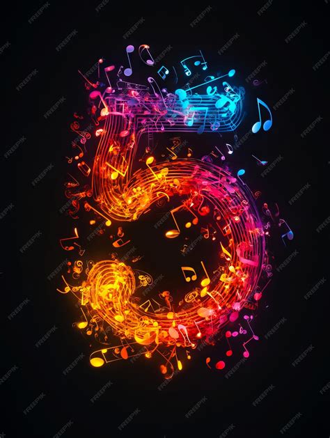 A number five made up of colorful music notes on a black background ...