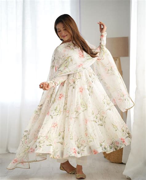 White Organza Printed Gotta Work Anarkali – Shopaholics Choice