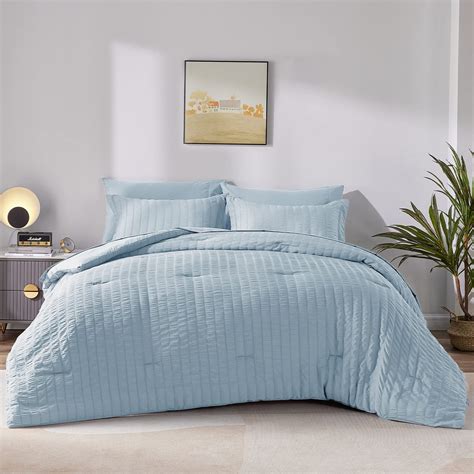CozyLux Queen Seersucker Comforter Set with Sheets Light Blue Bed in a ...