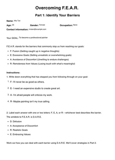 Overcoming FEAR ACT Worksheet & Example | Free PDF Download