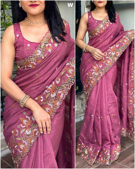 Pink Color Visca Slub Silk Cutwork Saree