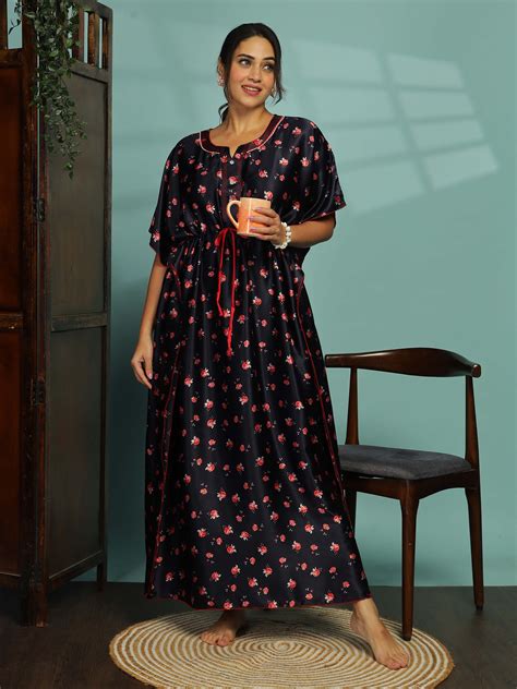 Buy Luxurious Dark Blue Satin Kaftan Nighty for Women Online – 9shines ...