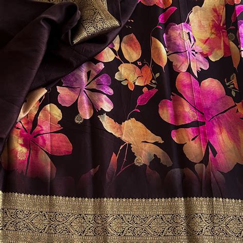 Elegant Aubergine Floral Saree with Gold Brocade Border and Pallu ...