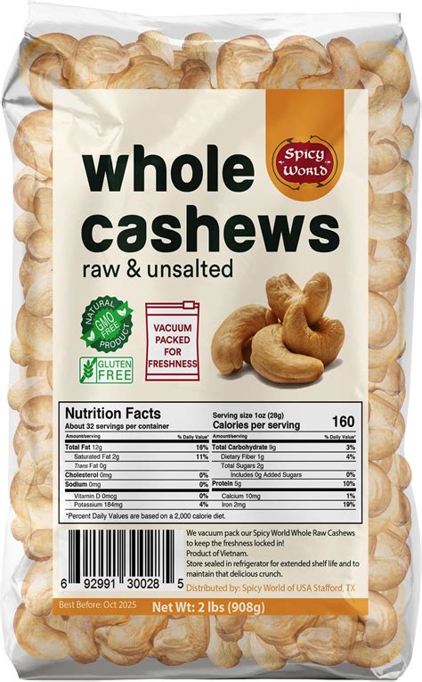 Amazon.com : Spicy World Raw Cashews Whole 2 Pound (32oz) - Non-GMO ...