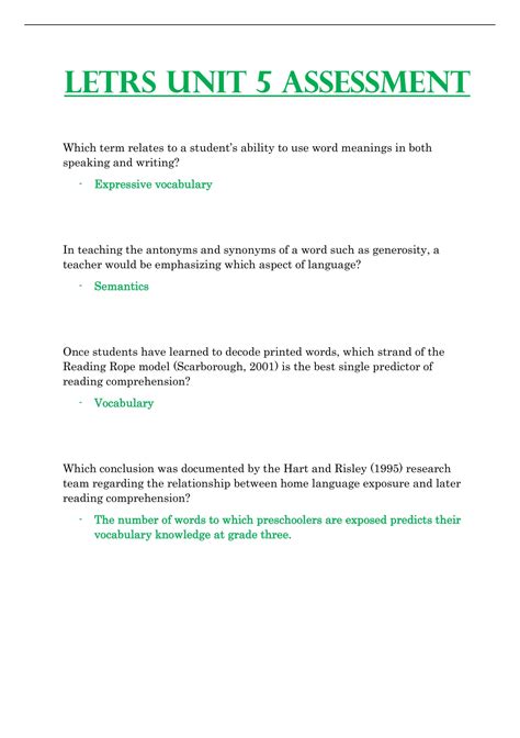 LETRS Unit 5 Assessment Questions & Answers 2023/2024 - LETRS (LETRS ...
