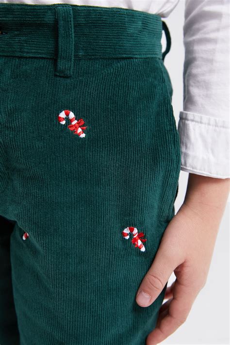 Hunter Green Candy Cane Embroidered Boys Corduroy Pants | Castaway Clothing