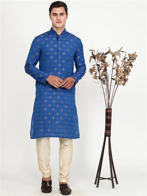 Cobalt Blue Texture Printed Silk Blend Kurta for Men – The Kurta Company