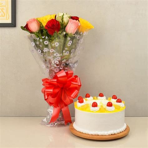 Send Sweet Mix Roses and Cake Combo Online in India at Indiagift.in