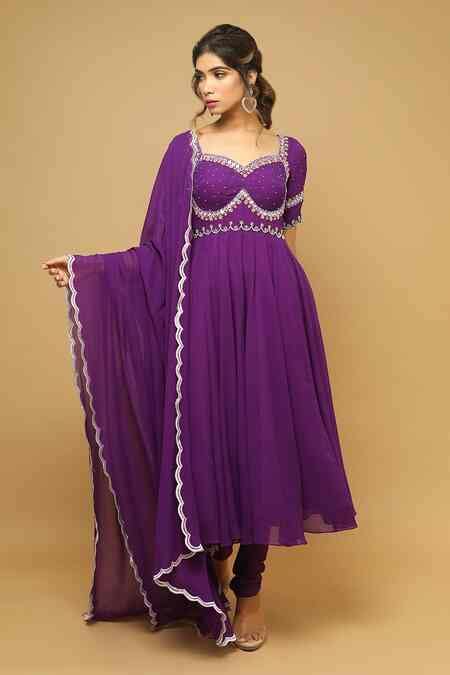 Buy Purple Georgette Mirror, Resham, Bead, Zardozi Embroidered Anarkali ...