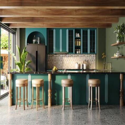 Contemporary L-Shaped Modular Kitchen Design With Pastel Green Cabinets