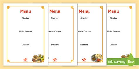 Indian Restaurant Role Play Menu
