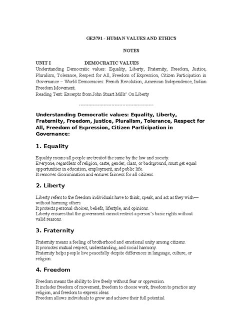 GE3791 HUMAN VALUES AND ETHICS NOTES: UNIT I DEMOCRATIC VALUES - Studocu