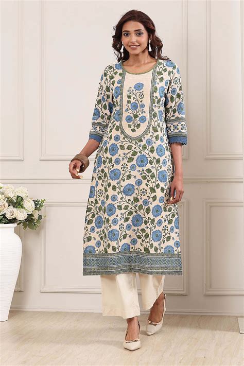 Buy Blue Cotton Printed Straight Kurta Online at Biba India