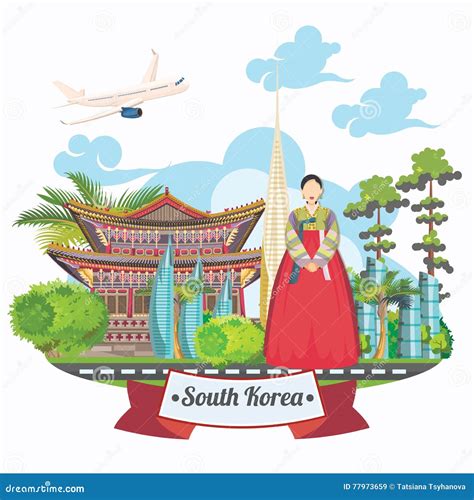 South Korea Travel Vector Card with Pagodas and Traditional Signs ...
