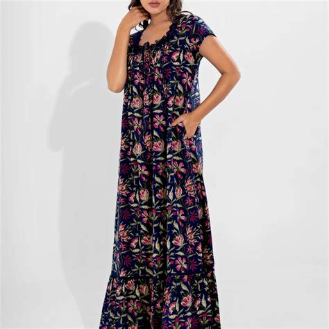 Blue Jaal Pure Cotton Tieup Square Neck Night Maxi – FEATHERS CLOSET