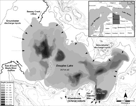Surface map of Douglas Lake and surrounding topography showing ...