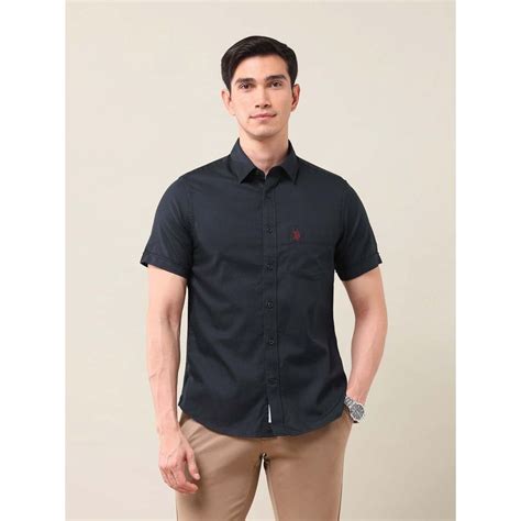Buy U.S. POLO ASSN. Solid/Plain Blue Half Sleeves Collar Neck Shirt Online