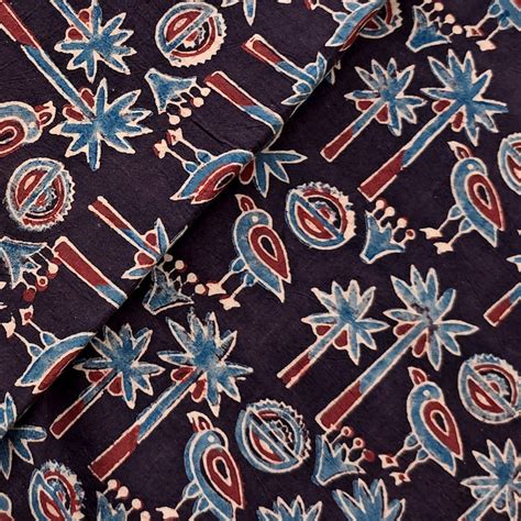 Pure Cotton Ajrak Black With Rust Blue Coconut Tree Farm Hand Block Pr ...