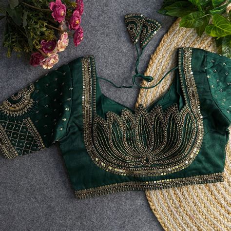 Bottle Green Color Italian Silk Blouse with Heavy Beads and Sequence Work