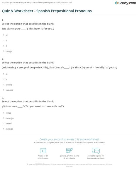 Quiz & Worksheet - Spanish Prepositional Pronouns | Study.com